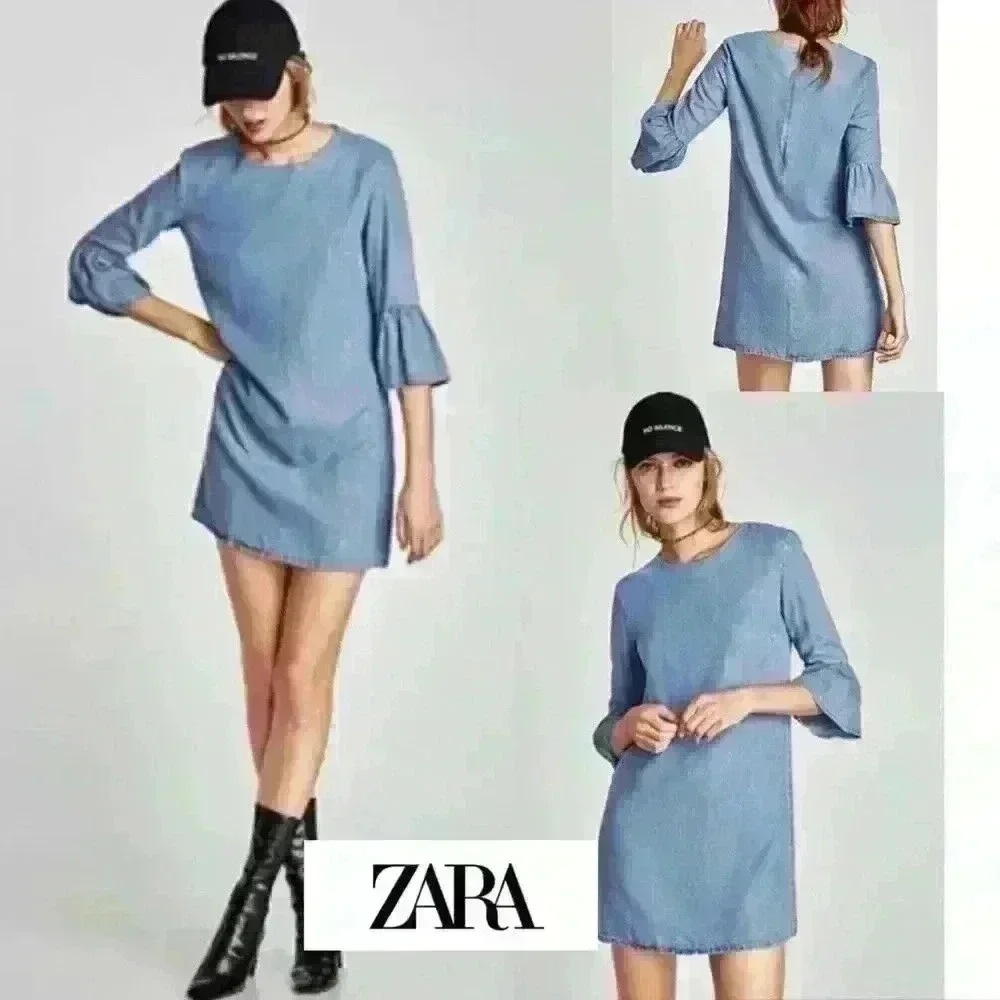 Zara Chambray Ruffle 3/4 Sleeve Light Denim Mini  Dress Size S Short